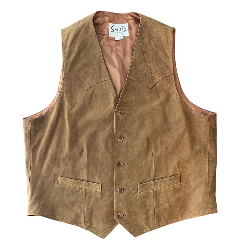 Scully Leather Vest Mens 46 Brown Good Western Button Front Suede Style Yoke